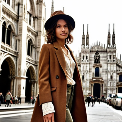 Home 11 **Eco-friendly Fashionista:** A stylish Italian woman confidently strolling through Milan's fashion district, wearing sustainable clothing made from recycled materials, with the Duomo in the background. Focus on the textures and earthy tones of the eco-friendly fabrics.