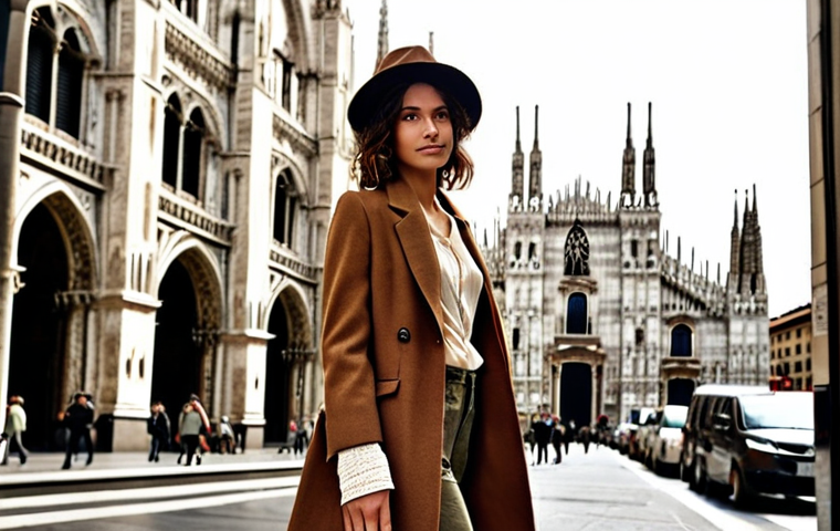 **Eco-friendly Fashionista:** A stylish Italian woman confidently strolling through Milan's fashion district, wearing sustainable clothing made from recycled materials, with the Duomo in the background. Focus on the textures and earthy tones of the eco-friendly fabrics.