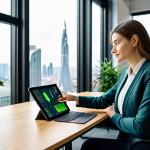 A professional female marketing expert in a modest business suit, seated at a sleek wooden desk in a modern, light-filled office, surrounded by green plants. She is looking at a tablet displaying data visualizations related to environmental, social, and governance (ESG) metrics. The background features a large window with a subtle cityscape. Professional photography, high resolution, soft lighting, perfect anatomy, correct proportions, natural pose, well-formed hands, proper finger count, natural body proportions, fully clothed, appropriate attire, safe for work, family-friendly.
