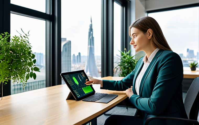 A professional female marketing expert in a modest business suit, seated at a sleek wooden desk in a modern, light-filled office, surrounded by green plants. She is looking at a tablet displaying data visualizations related to environmental, social, and governance (ESG) metrics. The background features a large window with a subtle cityscape. Professional photography, high resolution, soft lighting, perfect anatomy, correct proportions, natural pose, well-formed hands, proper finger count, natural body proportions, fully clothed, appropriate attire, safe for work, family-friendly.