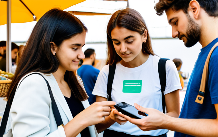 A diverse group of young Italian adults (Millennials and Gen Z) in modern, modest clothing, attentively engaging with sustainable products in a brightly lit, eco-friendly market. One person is looking at a smartphone displaying a sustainability report, while others are examining packaging with clear eco-labels. The atmosphere is optimistic and informed. fully clothed, appropriate attire, safe for work, perfect anatomy, correct proportions, natural pose, well-formed hands, proper finger count, natural body proportions, family-friendly, professional photography, high quality.