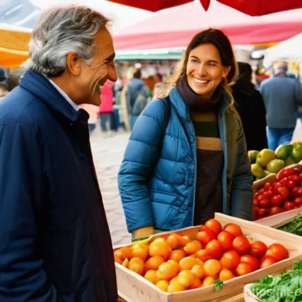 친환경 마케터의 직무와 역할 - **Prompt:** An authentic Italian farmer's market scene, bustling with life and bathed in warm, soft ...