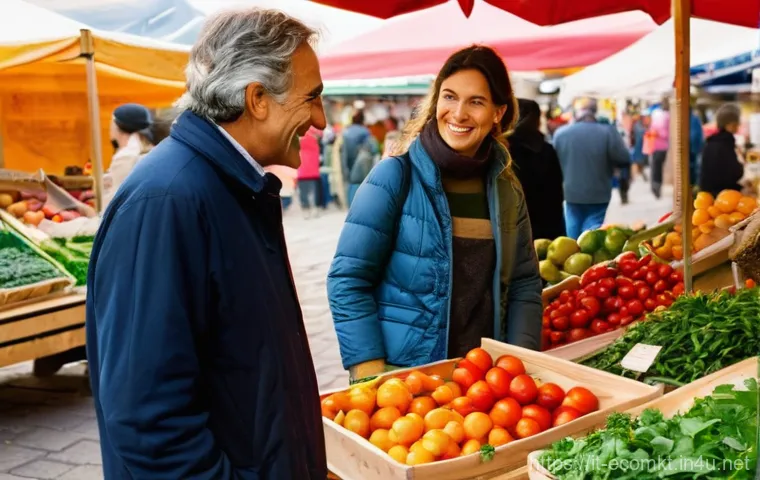 친환경 마케터의 직무와 역할 - **Prompt:** An authentic Italian farmer's market scene, bustling with life and bathed in warm, soft ...