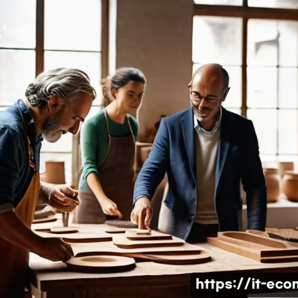 친환경 마케터로서 커리어 개발 - A warm and inviting scene inside an Italian artisan's workshop. A diverse group of marketing profess...
