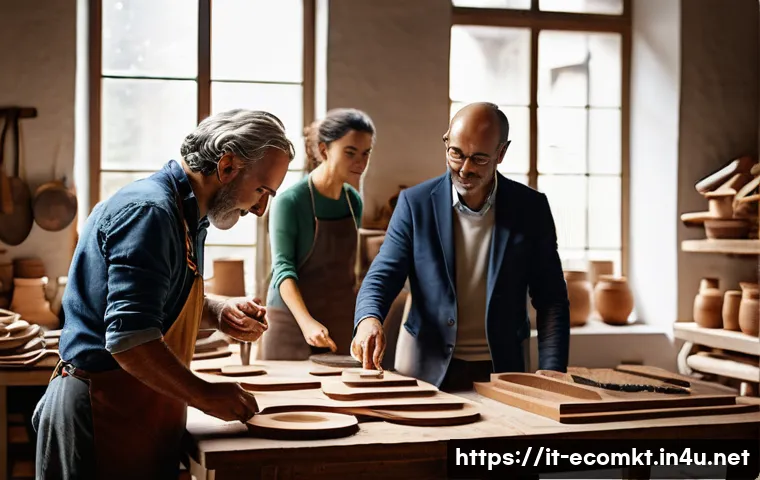 친환경 마케터로서 커리어 개발 - A warm and inviting scene inside an Italian artisan's workshop. A diverse group of marketing profess...
