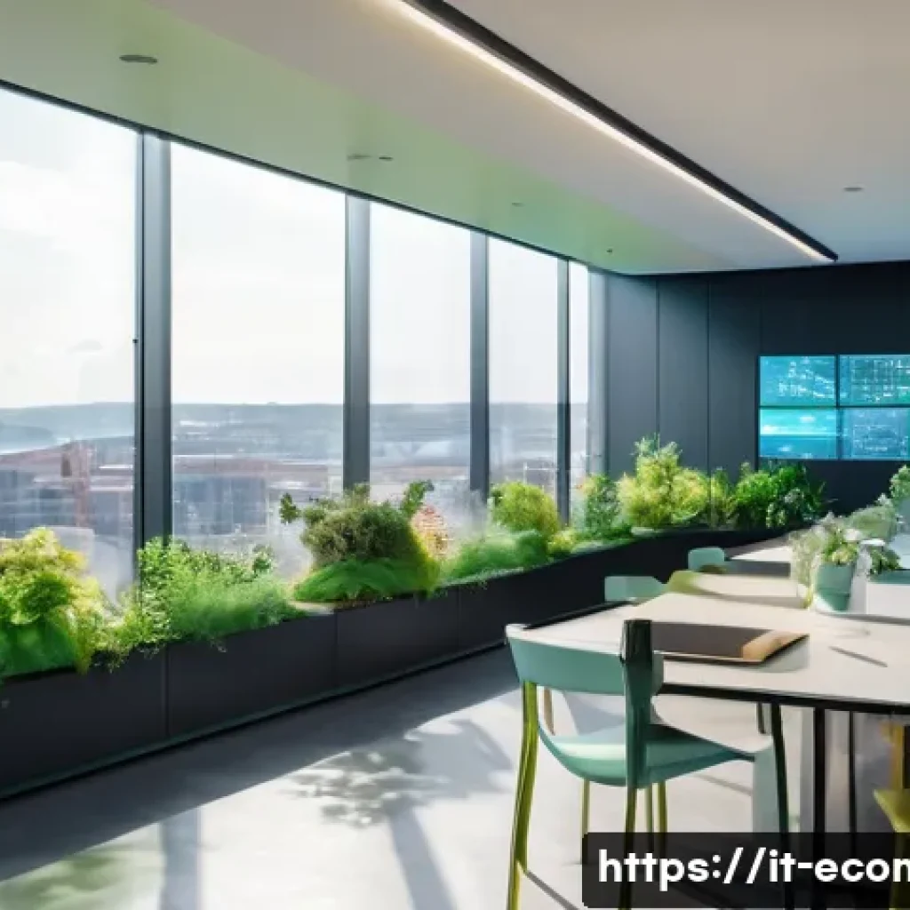 친환경 마케팅 분야 연구 결과 - A modern sustainable marketing office scene showing a diverse team of professionals discussing trans...