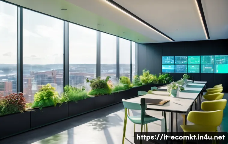 친환경 마케팅 분야 연구 결과 - A modern sustainable marketing office scene showing a diverse team of professionals discussing trans...