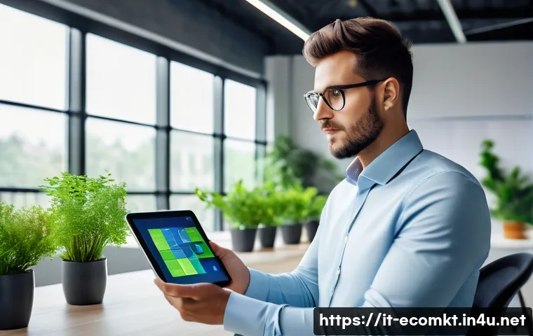 친환경 마케터의 자격 취득을 위한 커리큘럼 - A modern Italian marketing professional in a sleek office setting, surrounded by eco-friendly produc...