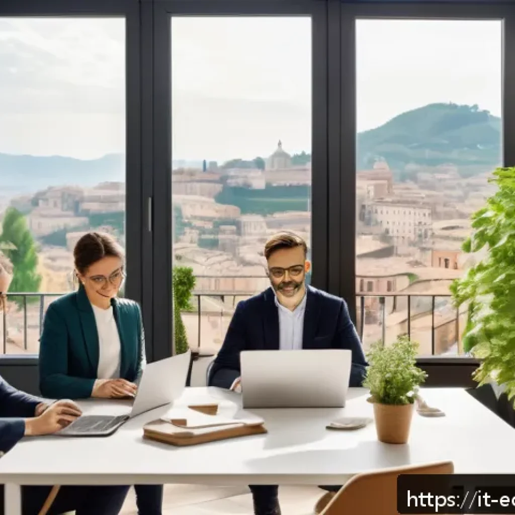 친환경 마케팅 직무 기술 향상 - A professional marketing team in a modern Italian office setting, collaboratively discussing sustain...