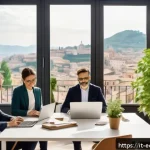친환경 마케팅 직무 기술 향상 - A professional marketing team in a modern Italian office setting, collaboratively discussing sustain...