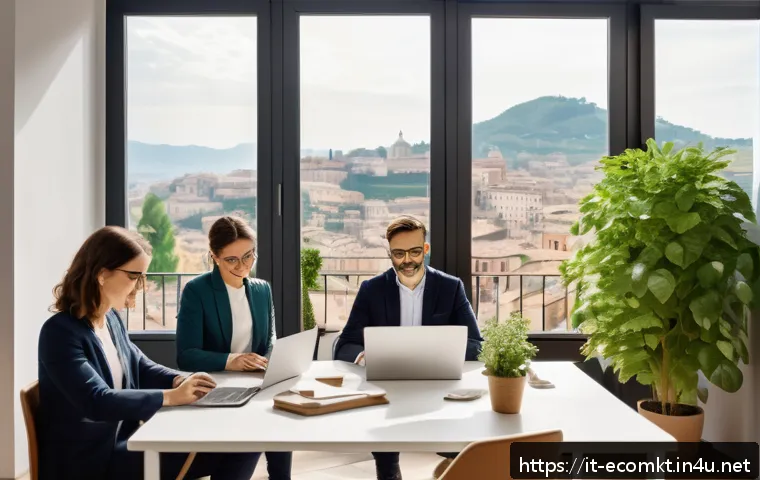 친환경 마케팅 직무 기술 향상 - A professional marketing team in a modern Italian office setting, collaboratively discussing sustain...