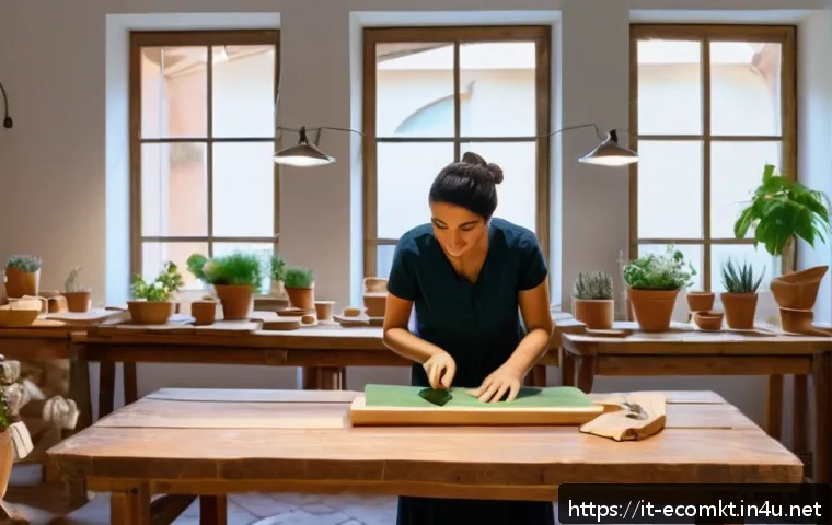 친환경 마케팅 기업 사례 연구 - A charming small Italian artisan workshop blending tradition and innovation, featuring skilled artis...