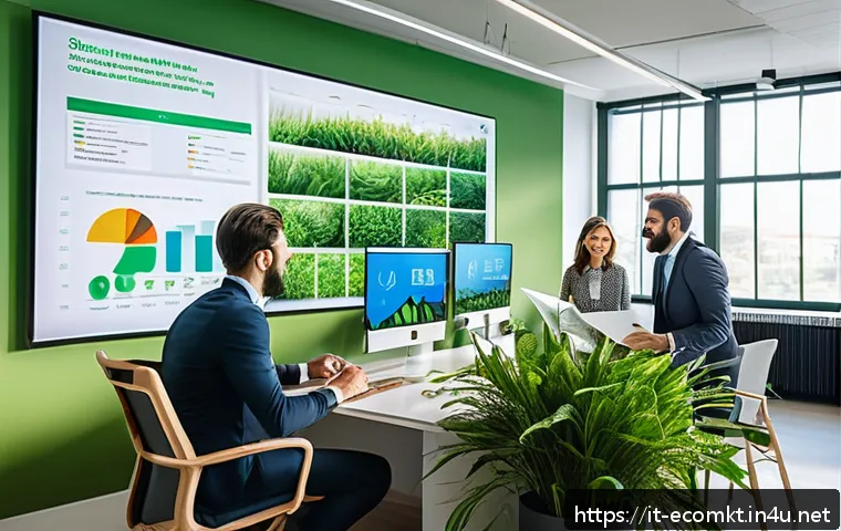 친환경 마케팅 실무 경험을 쌓는 법 - A professional Italian marketing team collaborating in a bright, modern office with eco-friendly dec...