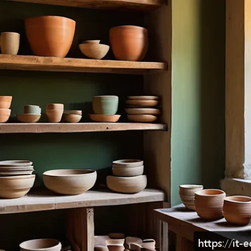 친환경 마케팅 분야 실습 사례 - A charming artisanal ceramic workshop in Tuscany, Italy, featuring skilled craftsmen working with na...