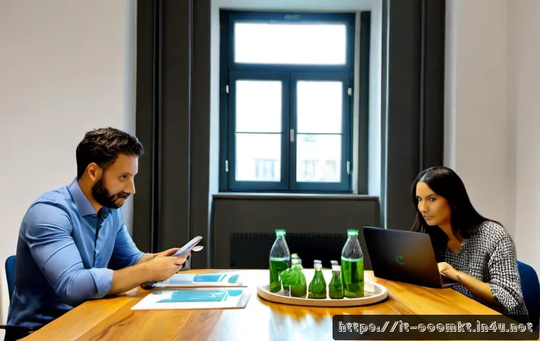 친환경 마케터의 직무별 도전 과제 - Photorealistic Italian sustainability marketer in a bright Milan coworking studio, reviewing a circu...
